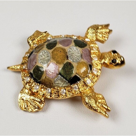 Vintage 1980 St. John Signed Gold Tone  And Rhinestone Elegant Turtle Brooch Pin - Picture 6 of 14
